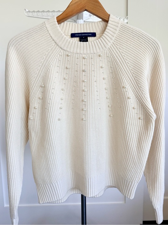 French Connection Sweaters - French Connection Cream Pearl-Detail Ribbed Crewneck Sweater